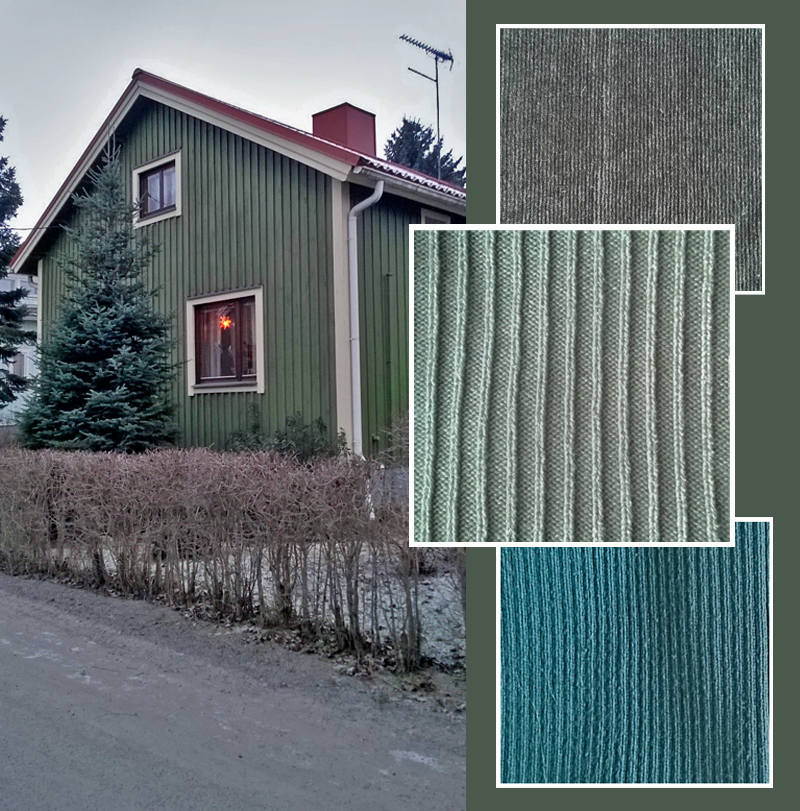 Green wooden house and green knitwear