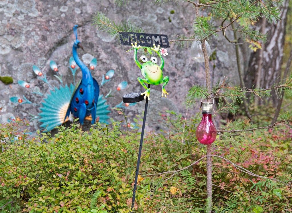 Koristeita puutarhassa: sammakko ja riikinkukko