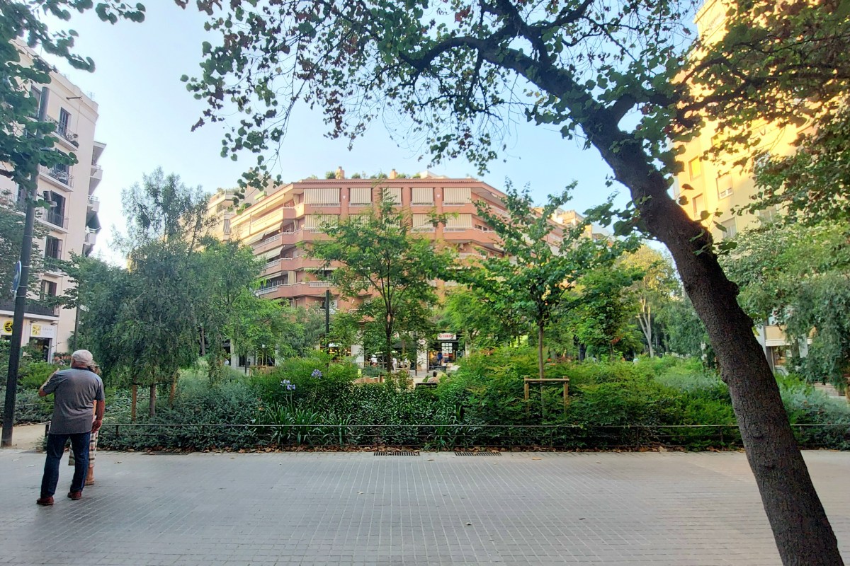 A square in Barcelona. A lot of greenery and a house in the background.